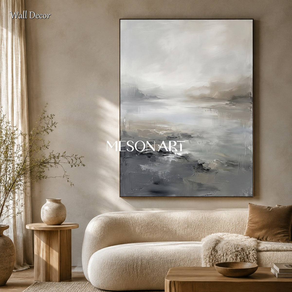 Gray And Beige Neutral Abstract Art Rectangular Wall Painting For Living Room Original By Mesonart