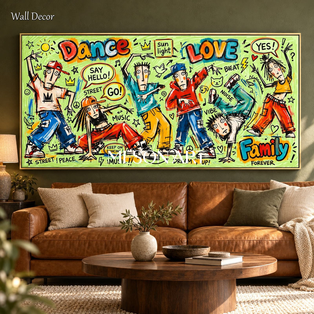 Green And Red Graffiti Street Art Panoramic Canvas Painting For Living Room By Mesonart