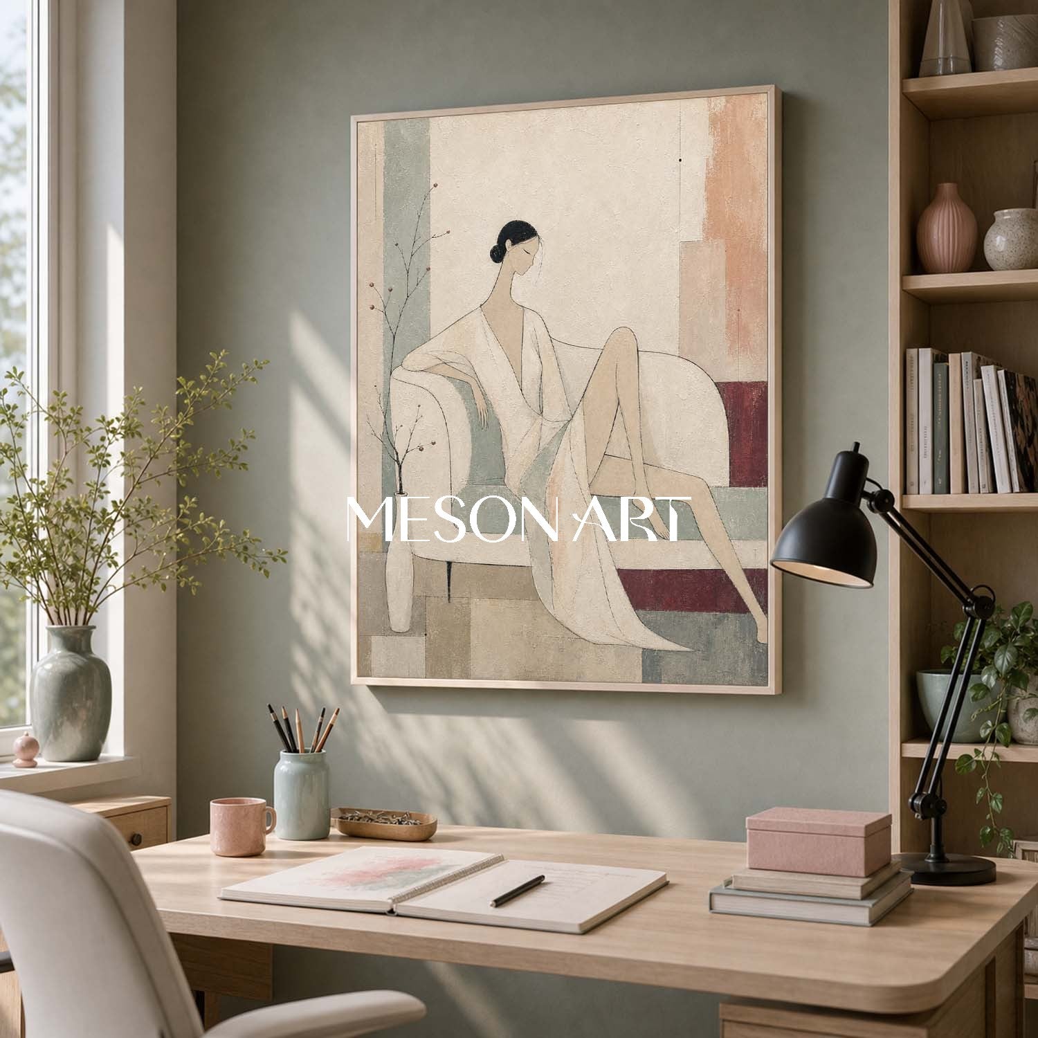 Minimalist Female Portrait Art In Beige And Gray Tones For Contemporary Home Decor