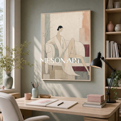 Minimalist Female Portrait Art In Beige And Gray Tones For Contemporary Home Decor