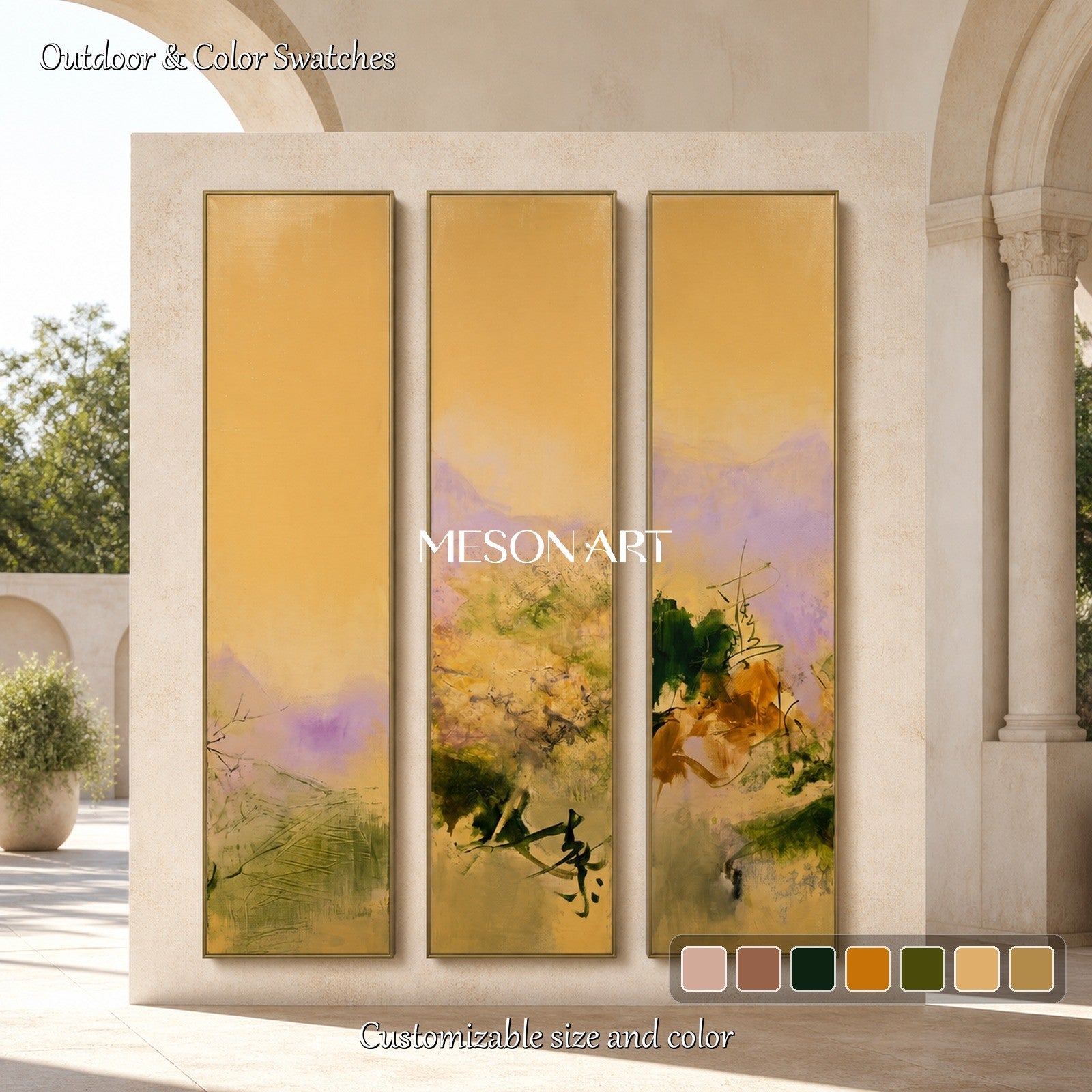 Gold And Green Abstract Expressionist Landscape Painting Rectangular Wall Art For Living Room By Mesonart