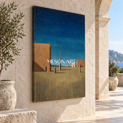 Blue Brown Surrealist Metaphysical Architectural Geometric Nostalgic Rectangular Wall Art By Mesonart