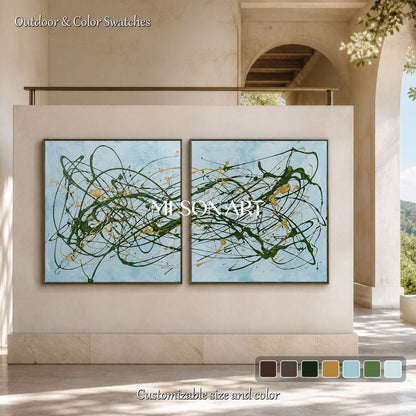 Blue And Green Pollock Style Painting Square Drip Art By Jackson Inspired Contemporary Wall Decor For Living Room By Mesonart