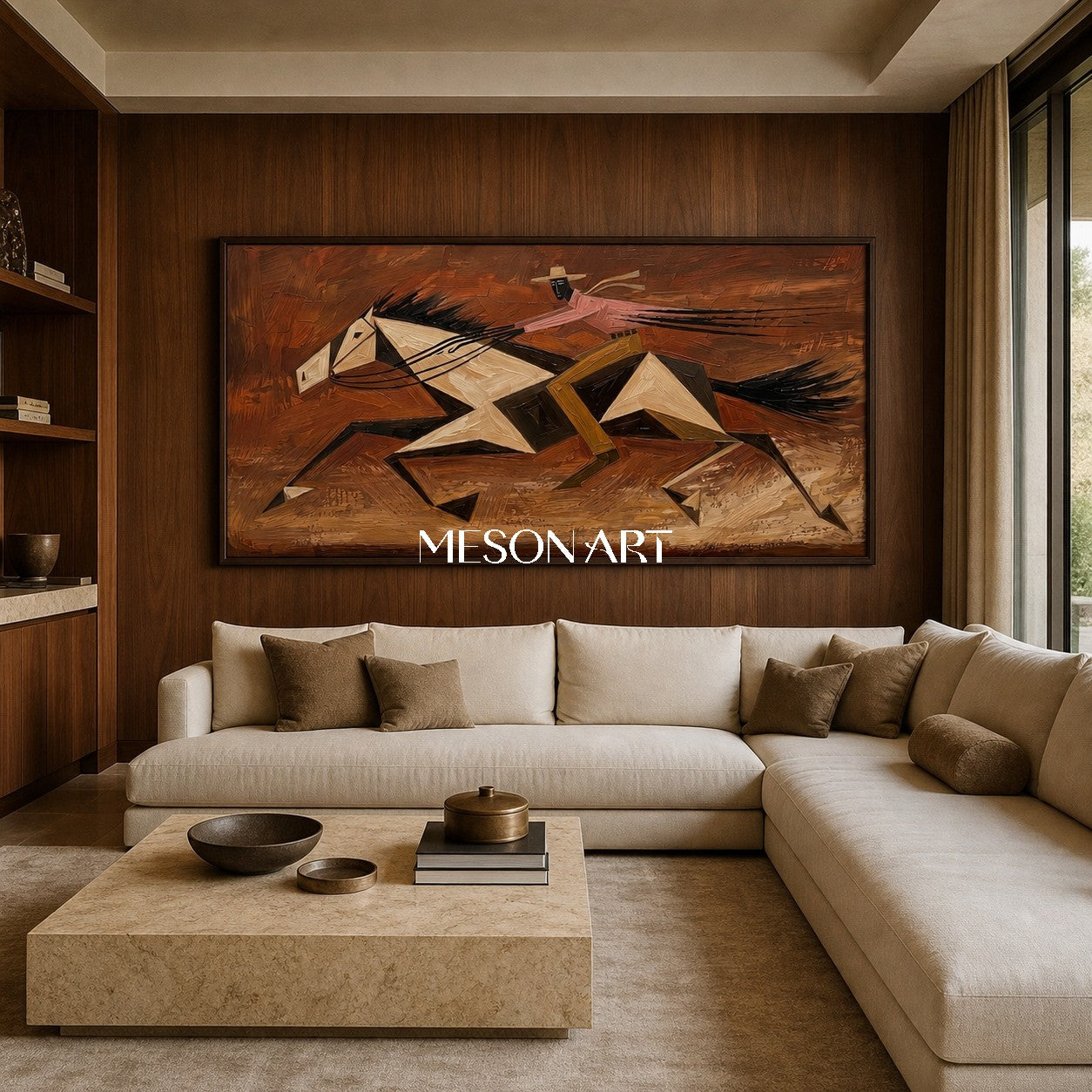 Abstract Geometric Horse Racing Painting With Textured Relief For Modern Living Room Decor