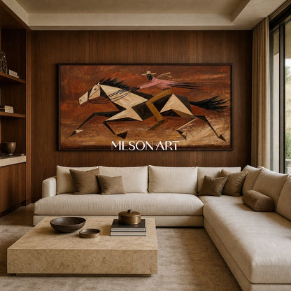 Abstract Geometric Horse Racing Painting With Textured Relief For Modern Living Room Decor