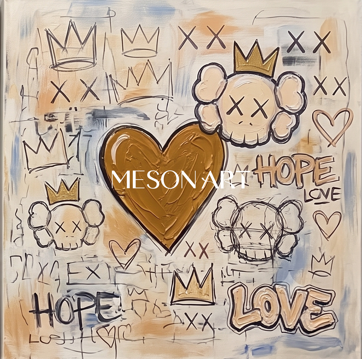 Urban Graffiti Wall Art With Crown And Heart Motifs For Modern Living Room Decor