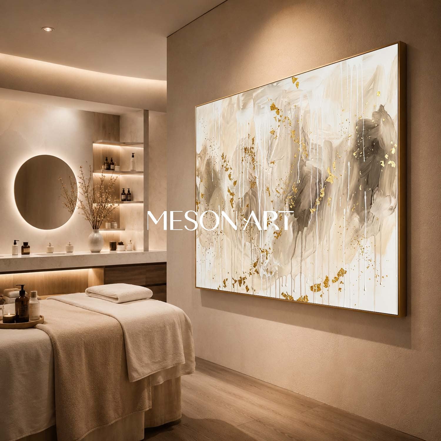 Gilded Abstract Painting With Gold Leaf And Fluid Drips For Luxury Home Decor
