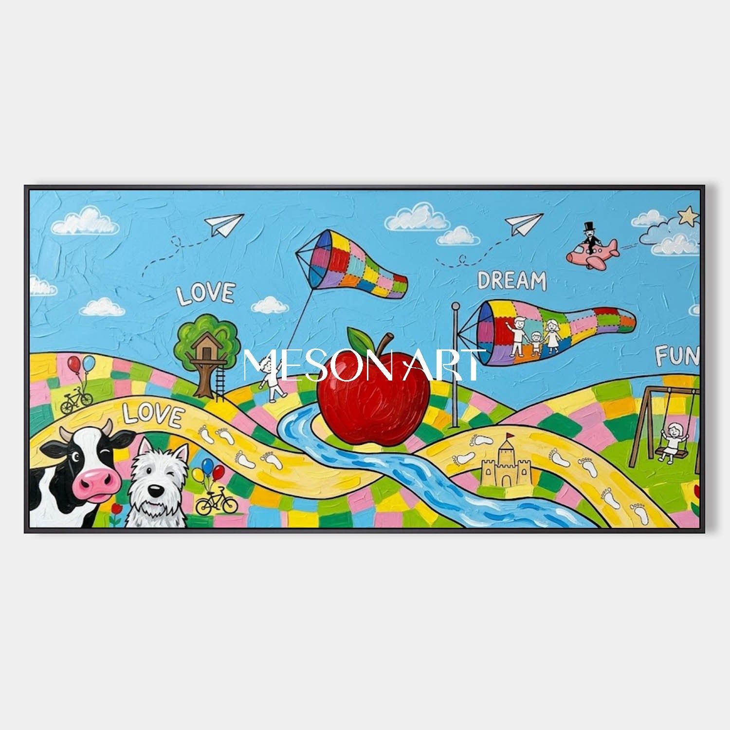Whimsical Surrealist Painting For Kids Room With Colorful Animals And Dreams