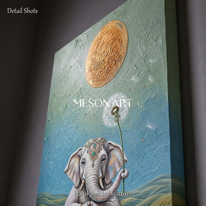 Green And Gold Surrealist Painting Yoga Elephant Original Artist Panoramic Wall Art For Living Room By Mesonart