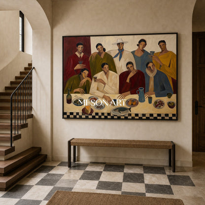 Modern Figurative Painting Of People Dining With Earthy Colors For Home