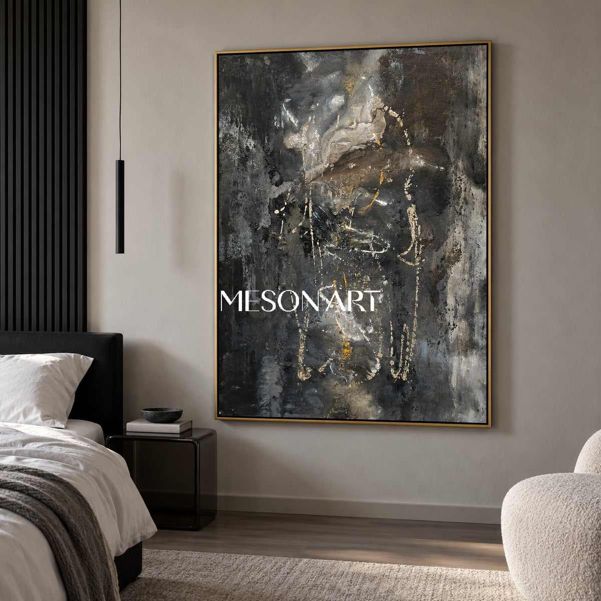 Black And Gold Abstract Painting Modern Textured Wall Art For Living Room Rectangular Canvas By Mesonart