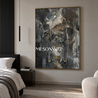 Black And Gold Abstract Painting Modern Textured Wall Art For Living Room Rectangular Canvas By Mesonart