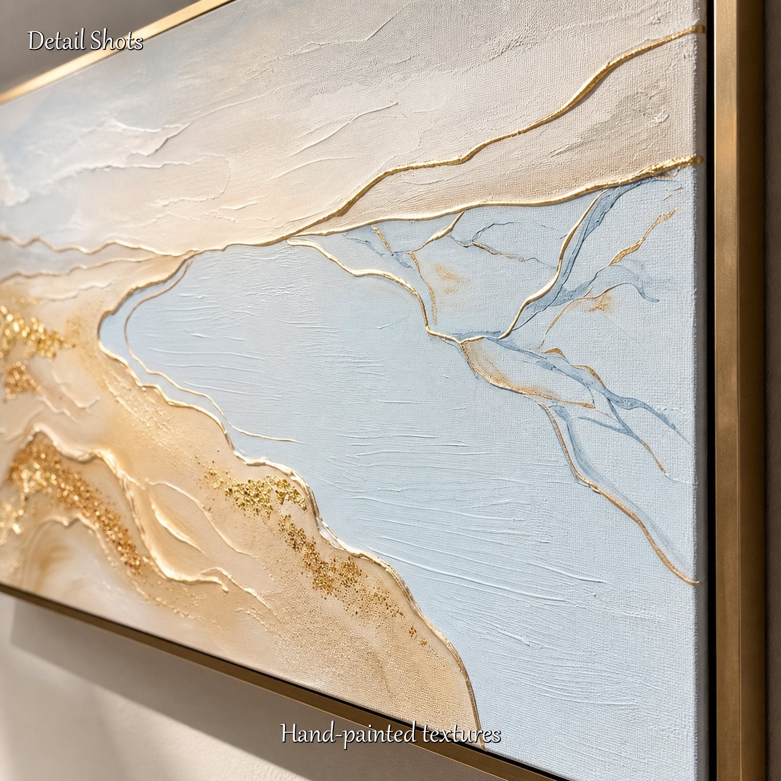 Grande quadro astratto con foglia d'oro raffigurante la spiaggia, con sabbia e mare – Decorazione da parete per il soggiorno