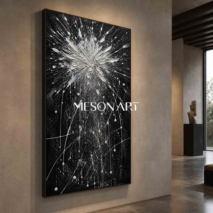 Large Black And White Abstract Painting With Textured Relief For Modern Living Room Decor