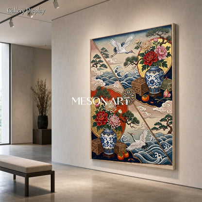 Luxury Chinoiserie Crane And Peony Wall Art With Gold Frame For Living Room Entryway Decor