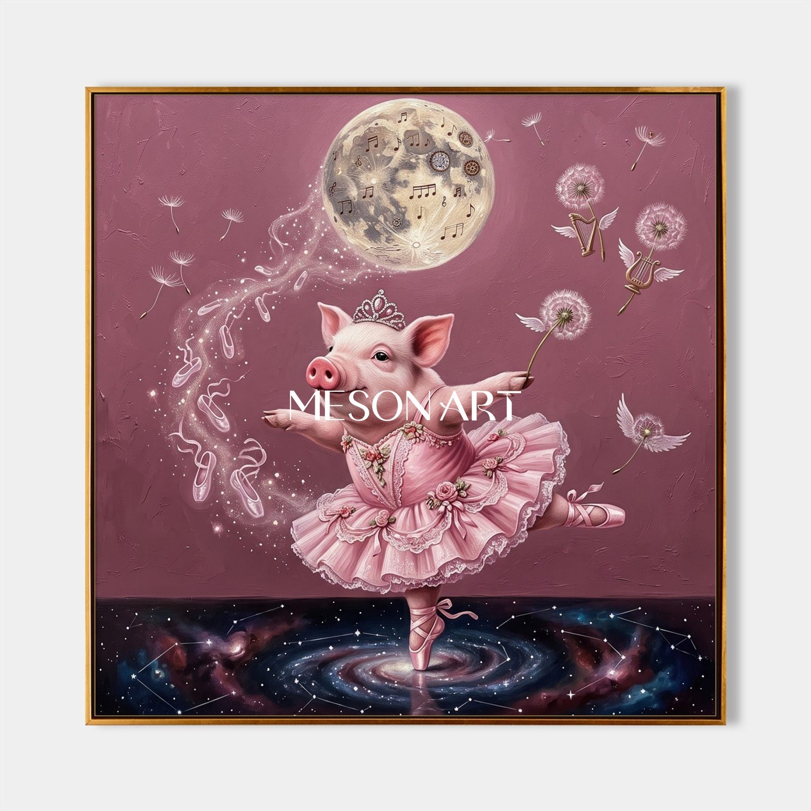 Pink And Gold Surrealist Painting Of Dancer Pig Square Wall Art For Kids Room By Mesonart