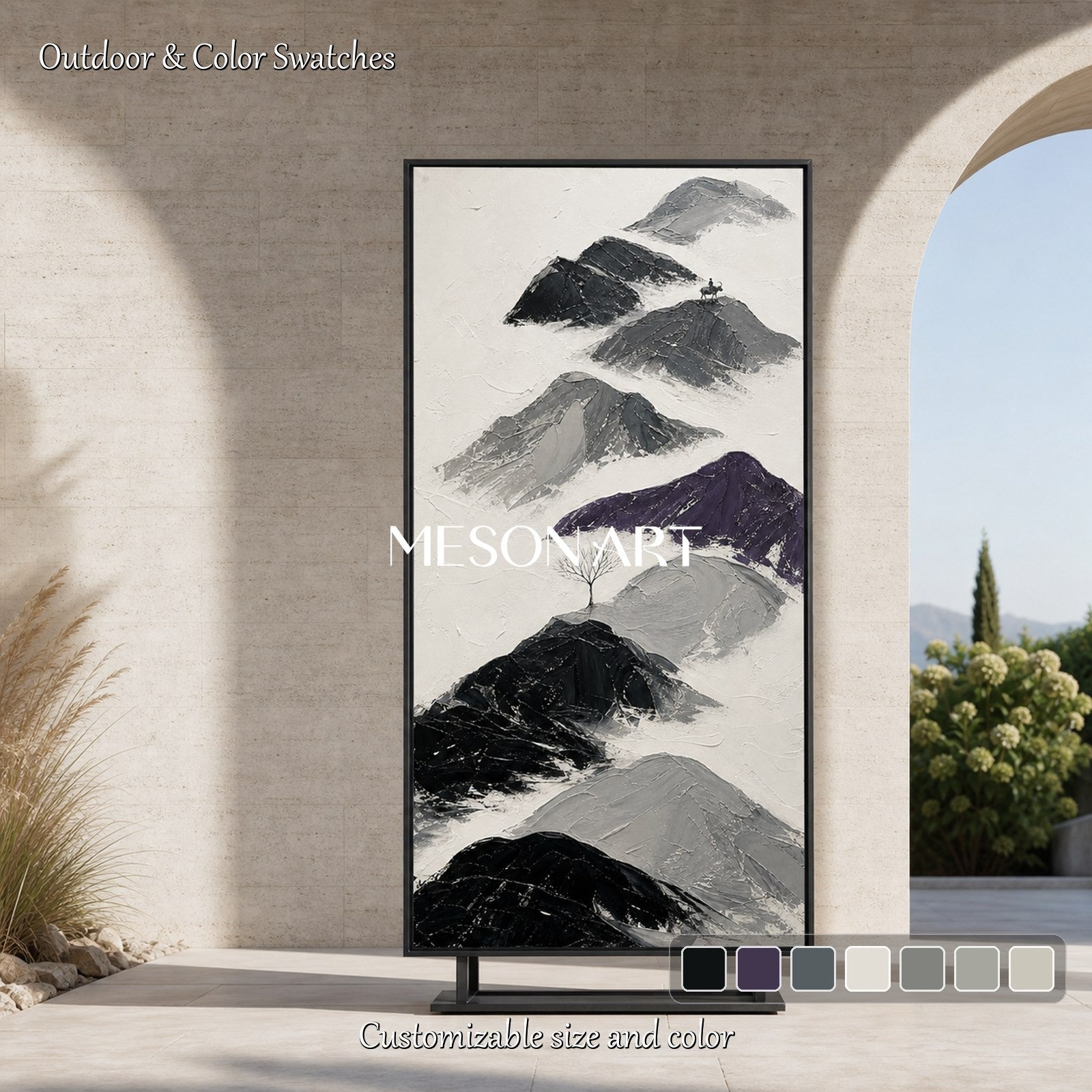 Black And White Mountain Painting With Textured Relief For Modern Home Decor