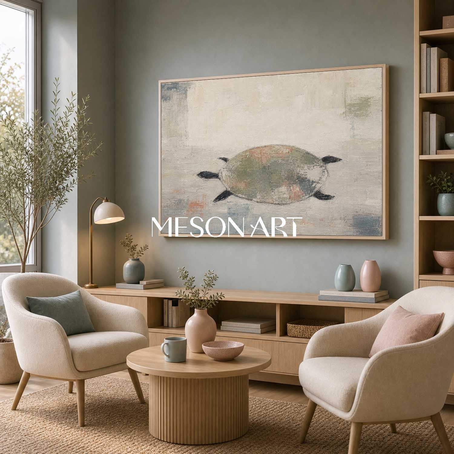 Minimalist Turtle Painting Abstract Green Grey Wall Art For Modern Living Room And Bedroom Decor