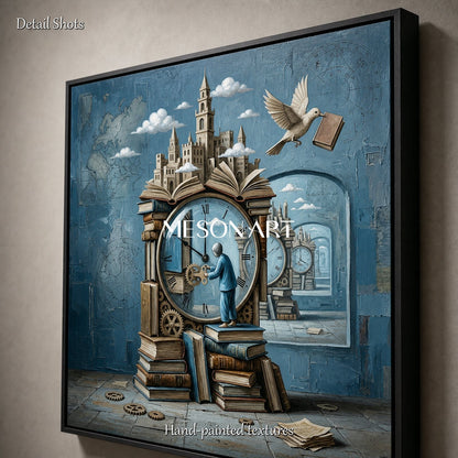 Surrealist Clock Painting With Books For Home Office And Study