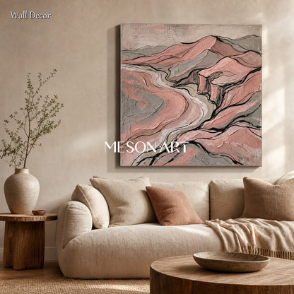 Pink Abstract Mountain Art For Modern Living Room And Bedroom Decor With Gold Frame