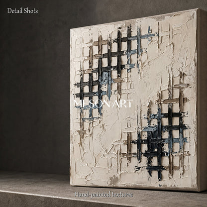 Minimalist Textured Abstract Art With Geometric Grid For Modern Living Room Decor
