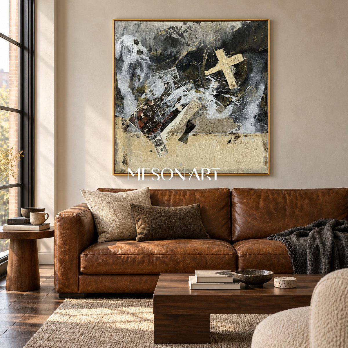 Black And Gold Painting Abstract Modern Textured Mixed Media Original Artist Square Wall Art For Living Room By Mesonart