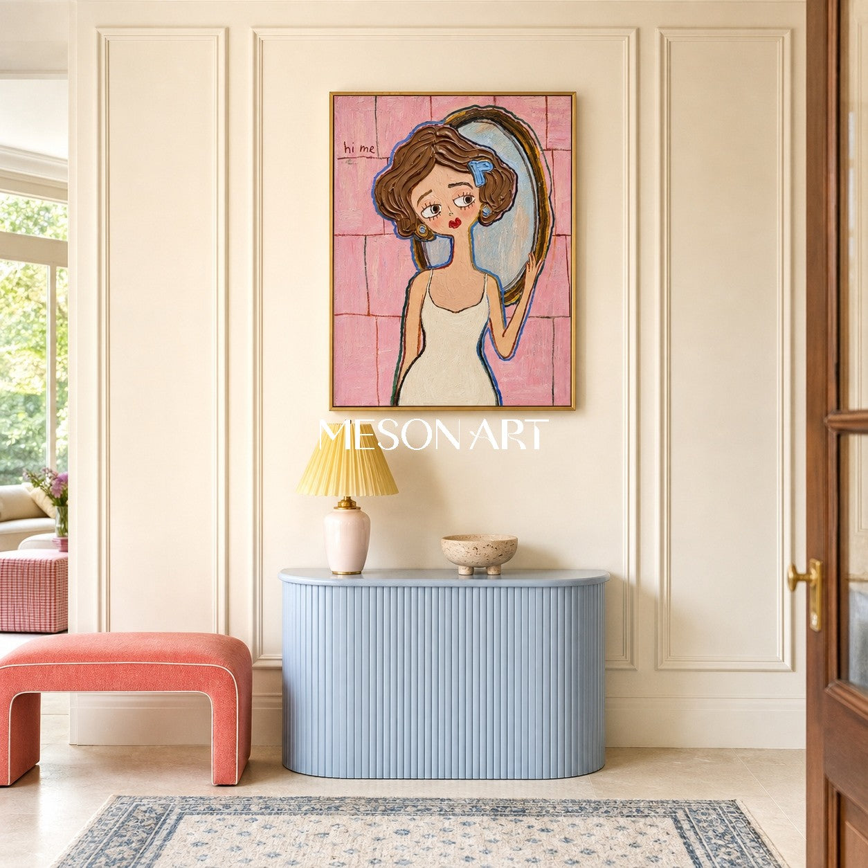 Ritratto in stile Pop Art dai colori vivaci con sfondo rosa a texture, ideale per l'arredamento di una camera da letto moderna