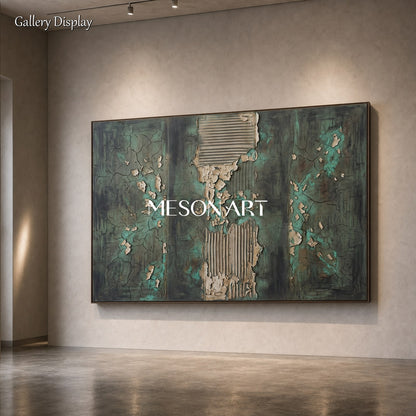Green Textured Wall Art For Modern Industrial Living Room Decor With Cracked Finish