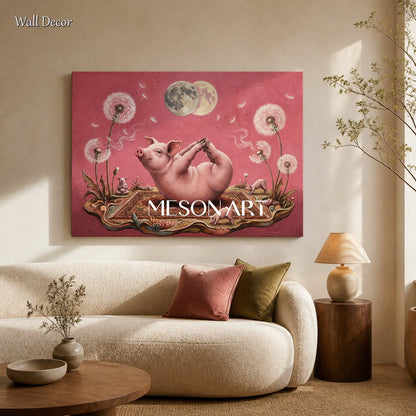 Pink And White Yoga Pig Surrealist Art Rectangular Wall Decor For Living Room By Mesonart