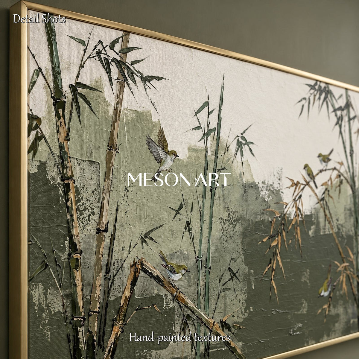 Green And Beige Bamboo And Warbler Art Panoramic Wall Decor For Living Room By Mesonart