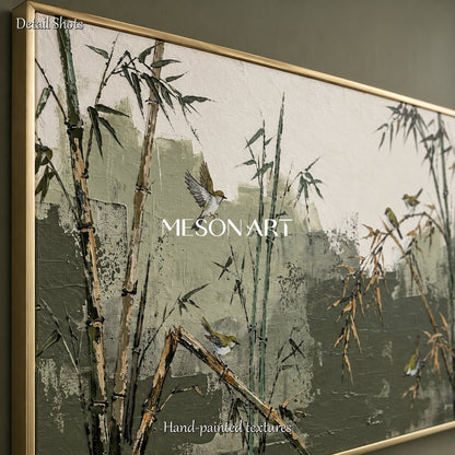 Green And Beige Bamboo And Warbler Art Panoramic Wall Decor For Living Room By Mesonart