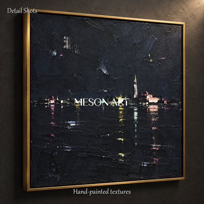 Black And Gold Abstract Landscape Painting Square Minimalist Palette Knife Art Original Artist By Mesonart