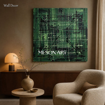 Green And Black Pollock Inspired Abstract Painting Square Wall Art For Living Room By Mesonart