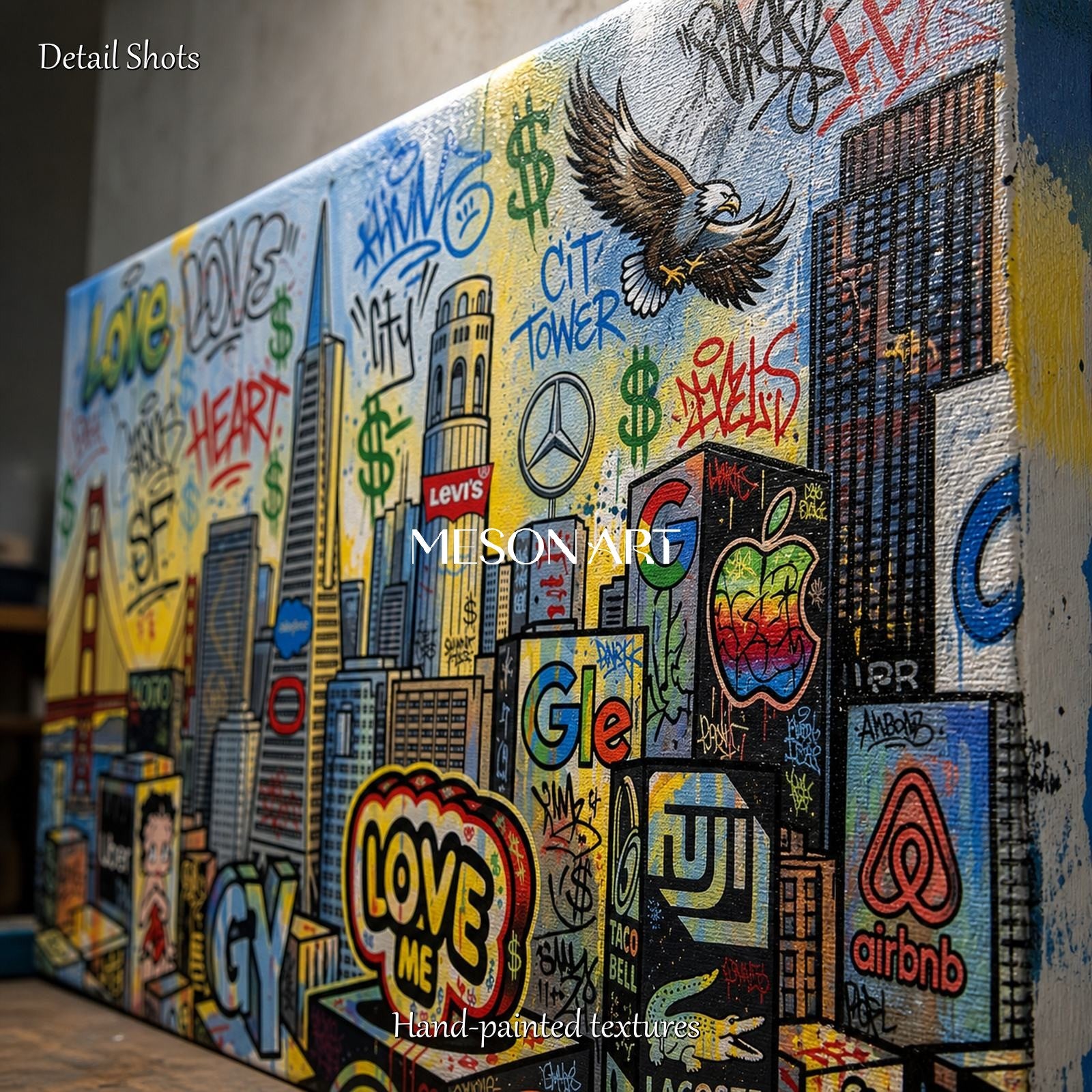 Blue And Yellow Graffiti Painting Panoramic Wall Art Original Banksy Style For Living Room By Mesonart
