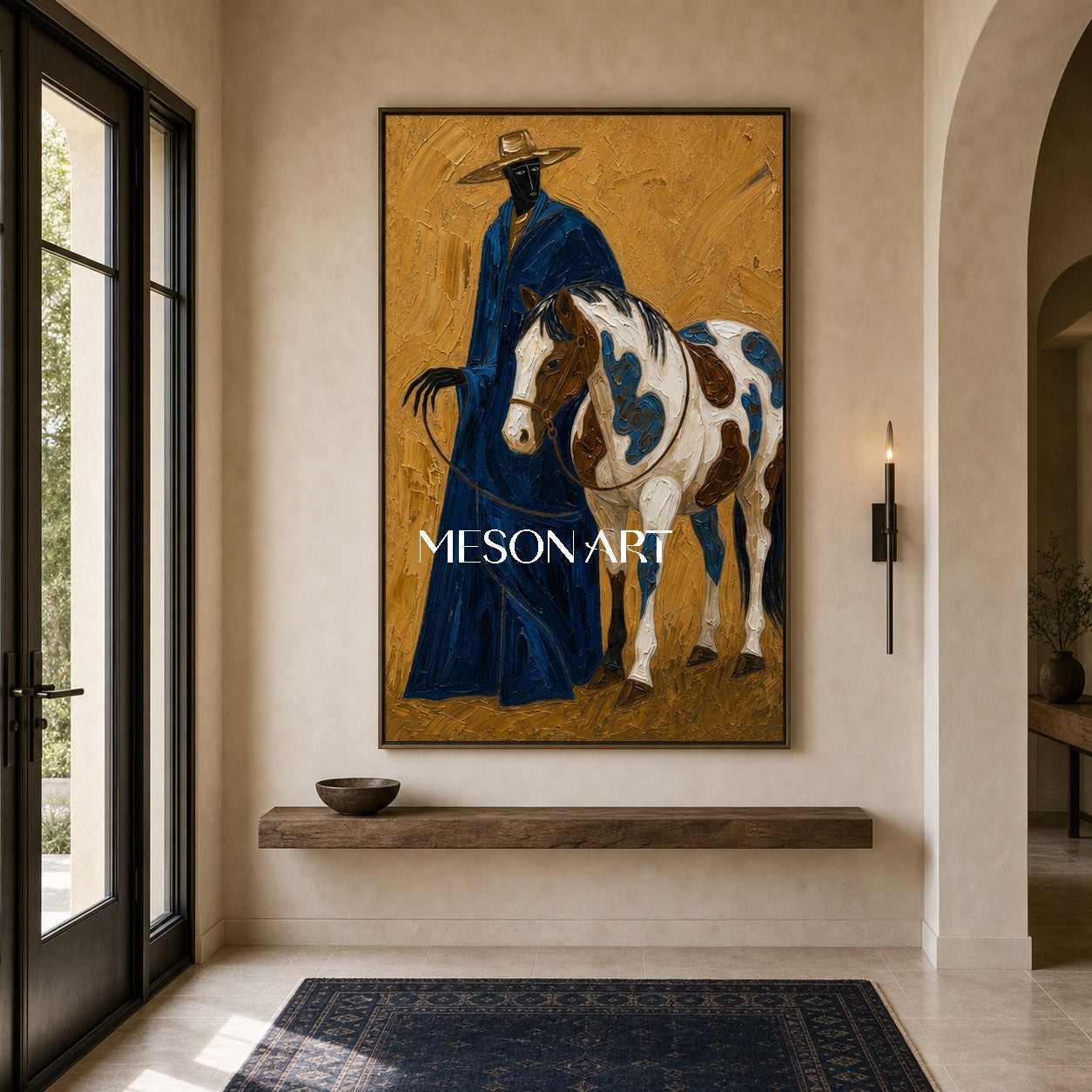 Azure Cowboy And Horse Painting With Textured Impasto For Mid Century Modern Decor
