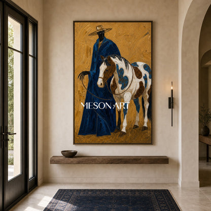 Azure Cowboy And Horse Painting With Textured Impasto For Mid Century Modern Decor