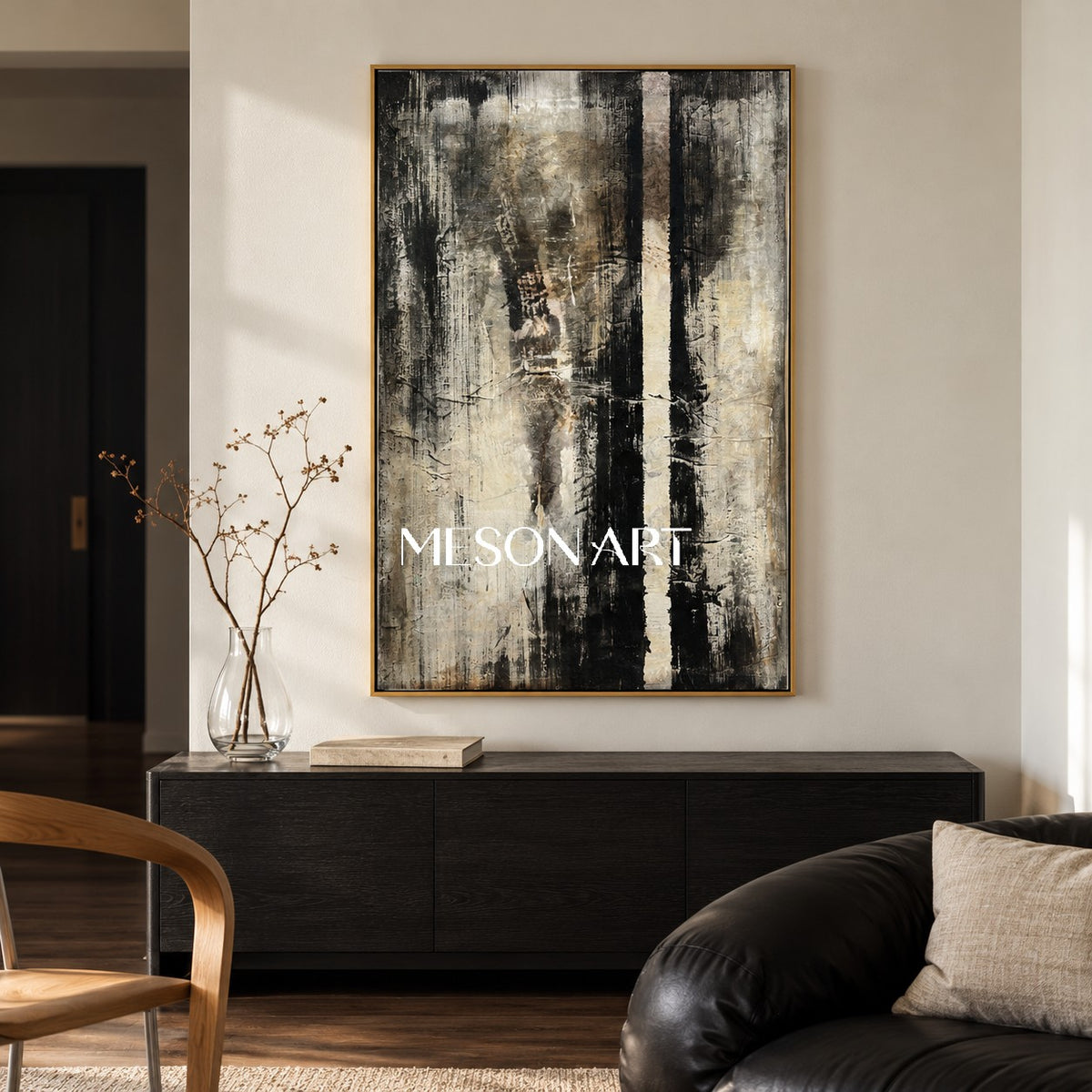 Black And White Abstract Painting Original Artist Hand Painted Mixed Media Textured Canvas Wall Art For Living Room By Mesonart