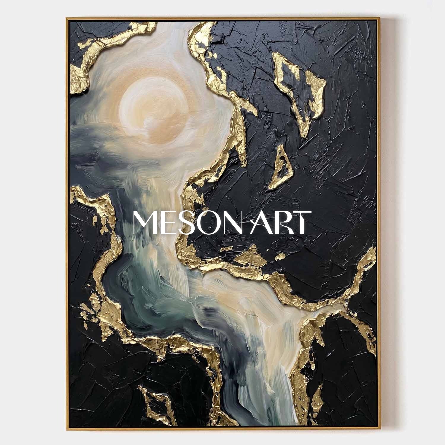 Abstract Plaster Texture Art With Gold Leaf For Modern Living Room Decor