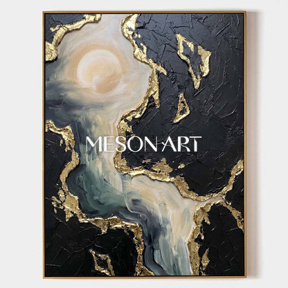 Abstract Plaster Texture Art With Gold Leaf For Modern Living Room Decor