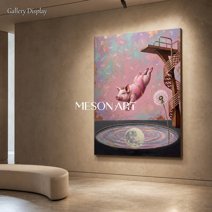 Pink And Gold Surrealist Art Diver Painting Rectangular Wall Decor For Living Room By Mesonart