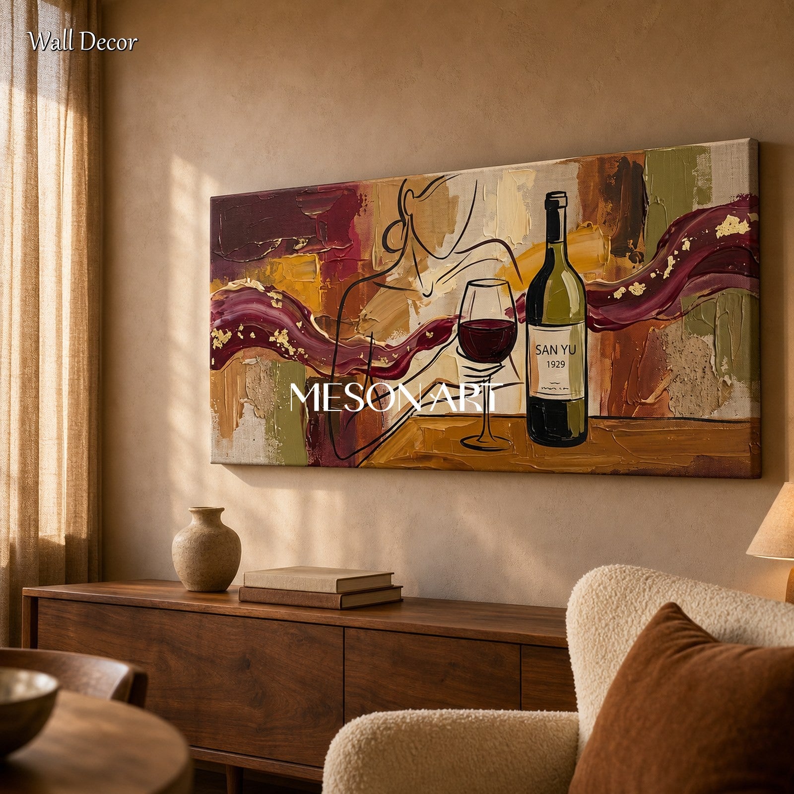 Red And Brown Contemporary Figurative Wine Painting Panoramic Original Artwork By Mesonart