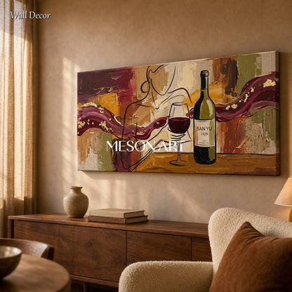 Red And Brown Contemporary Figurative Wine Painting Panoramic Original Artwork By Mesonart