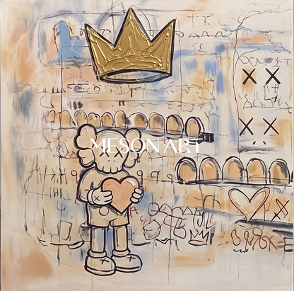 Urban Graffiti Wall Art With Crown And Heart Motifs For Modern Living Room Decor