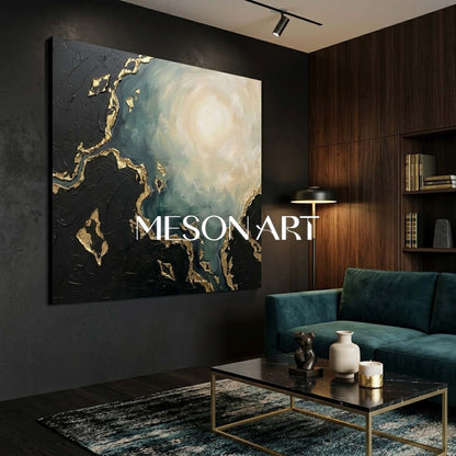 Luxury Abstract Sea Art With Gold Plaster Texture For Living Room Decor