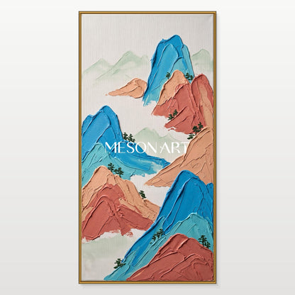 Blue And Orange Mountain Landscape Art Contemporary Impasto Painting Hand Painted By Artist Panoramic Wall Decor For Living Room By Mesonart