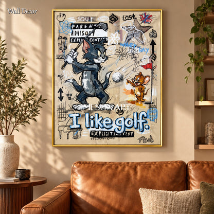 Beige And Black Gaming Art Rectangular Canvas Wall Decor Original Artist Hand Painted Tom And Jerry By Mesonart