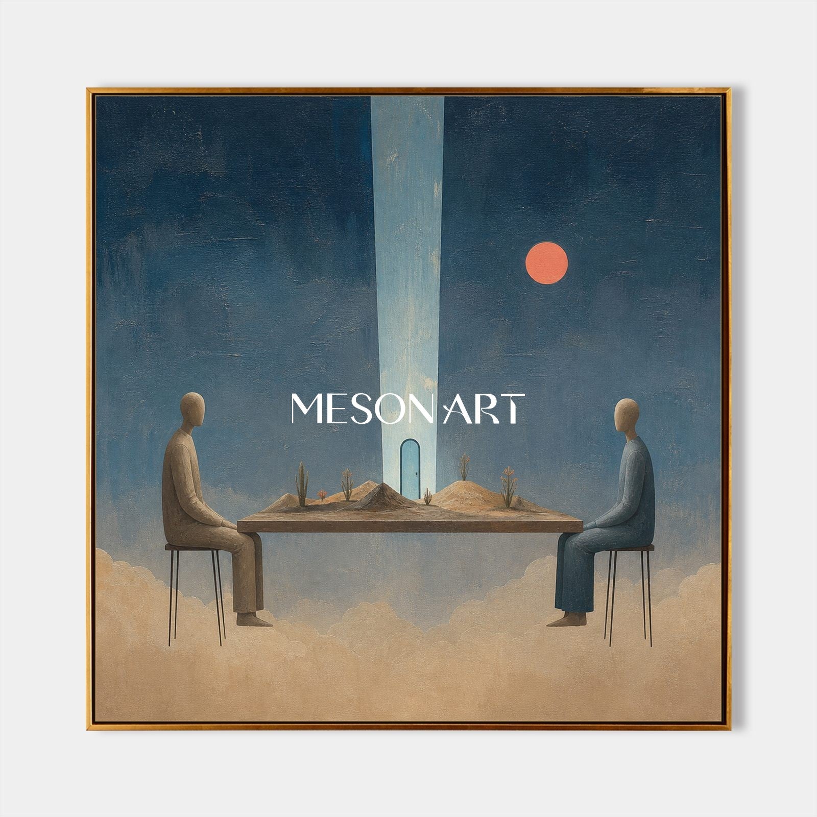 Surrealist Blue Beige Oil Painting For Modern Living Room And Executive Office Decor