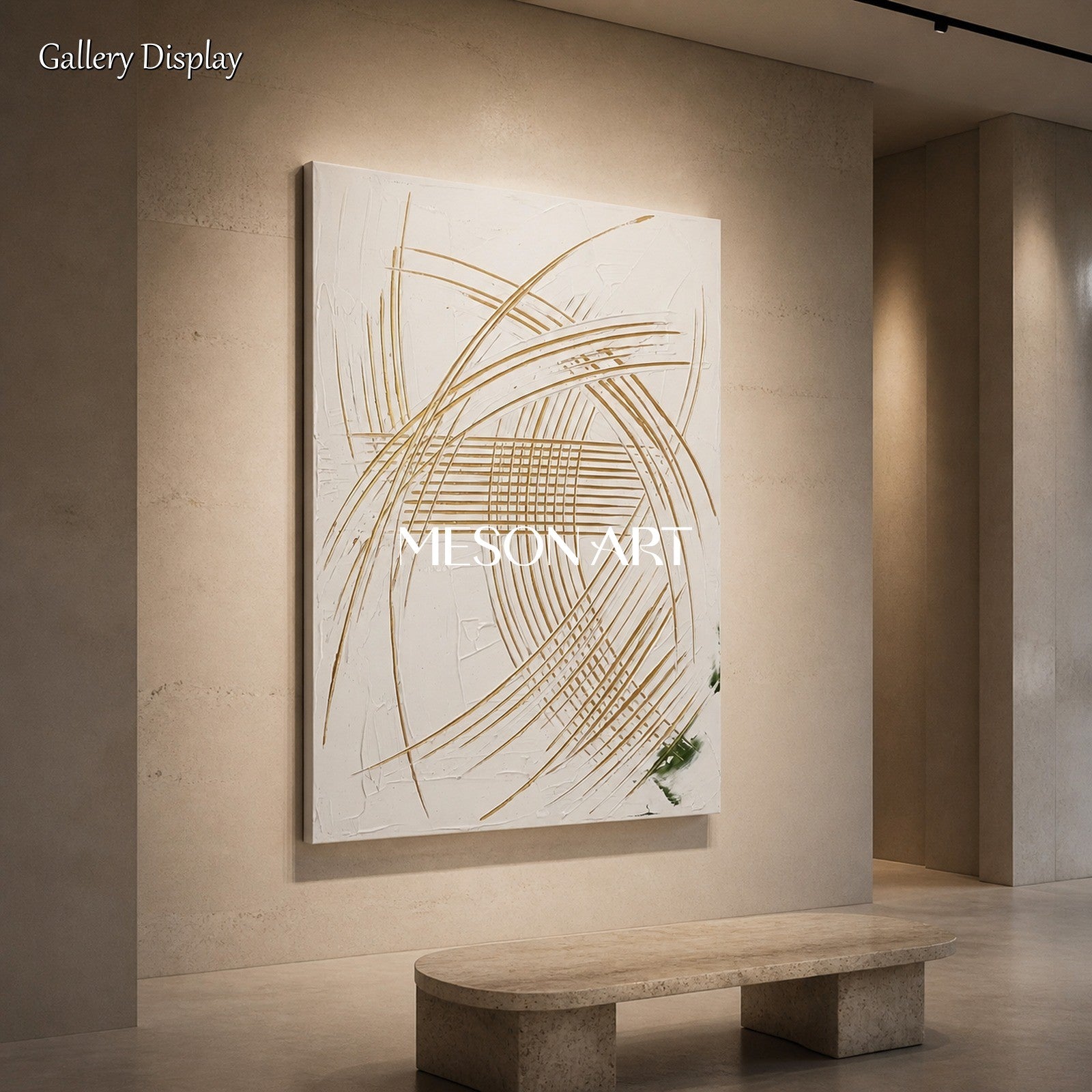 White And Gold Abstract Expressionism Painting Rectangular Wall Art For Living Room Original Artist Inspired Art By Mesonart
