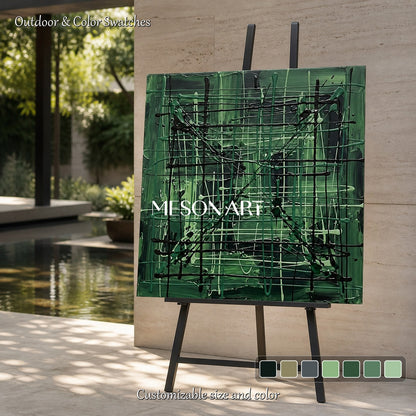 Green And Black Pollock Inspired Abstract Painting Square Wall Art For Living Room By Mesonart