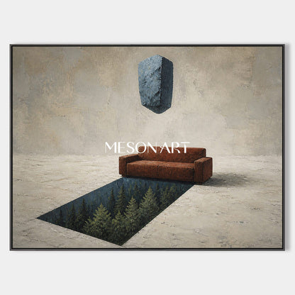 Surreal Abstract Painting With Floating Stone And Forest Void For Industrial Loft Living Room Decor